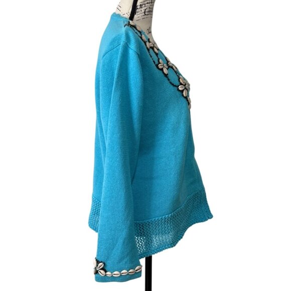 Storybook Knits Blue Cardigan Sweater Sea Shell Embellished Full Zip XL - READ - Picture 2 of 10